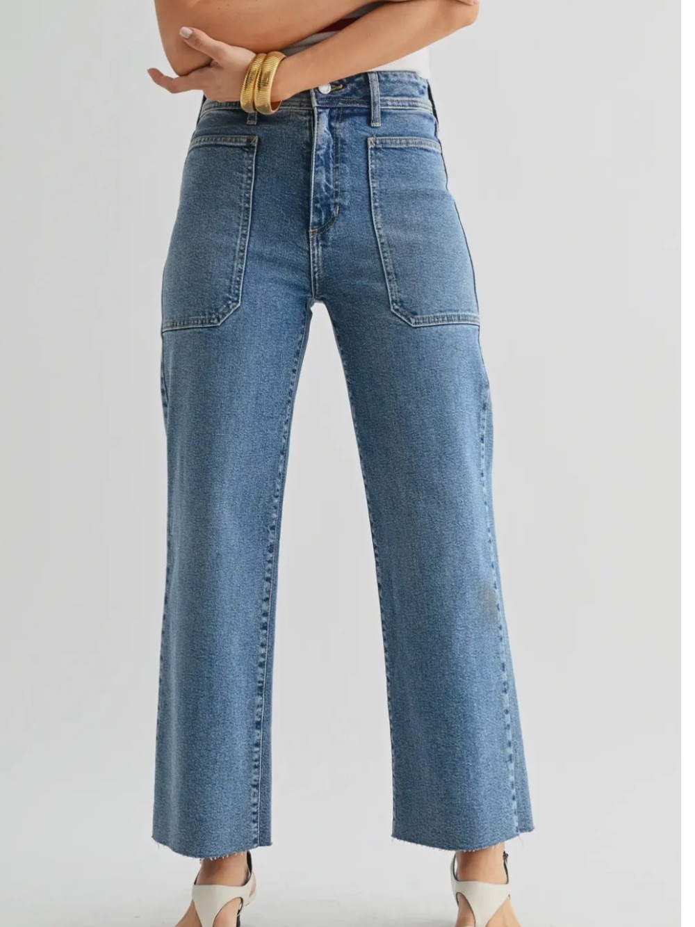 JBD Stretch Utility Wide Leg Jeans size 29 medium wash raw hem